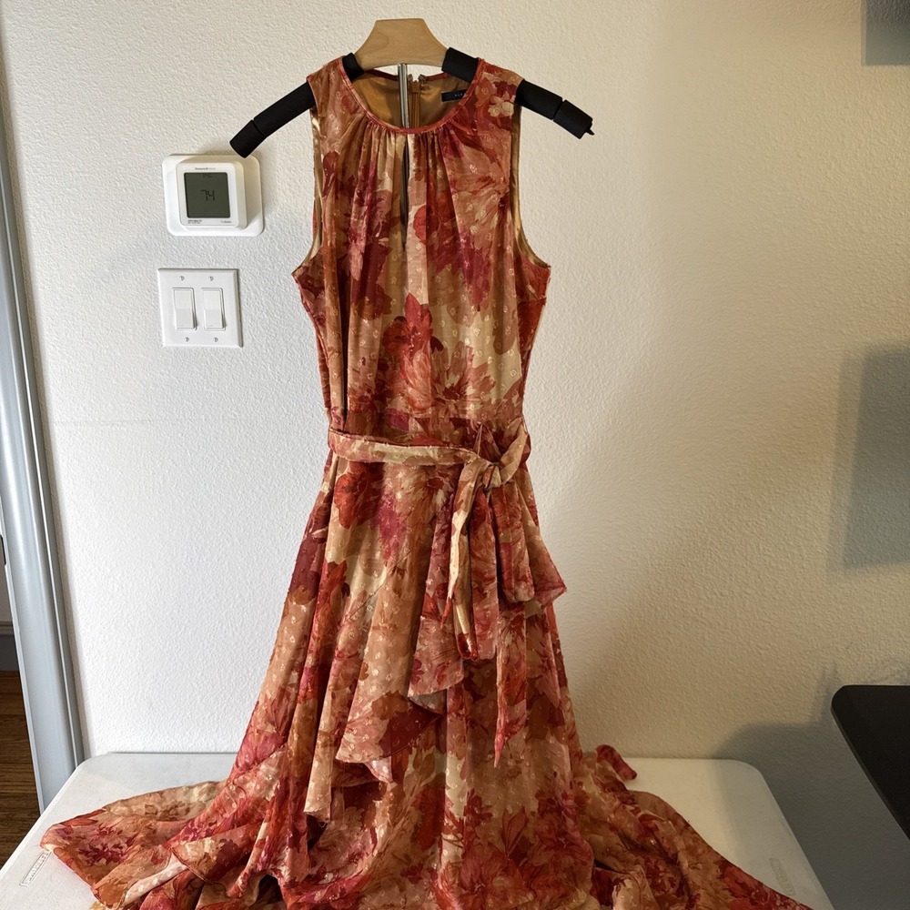 Alex Marie Floral Metallic Tiered Ruffle Maxi Dress Red Orange Gold Size 4